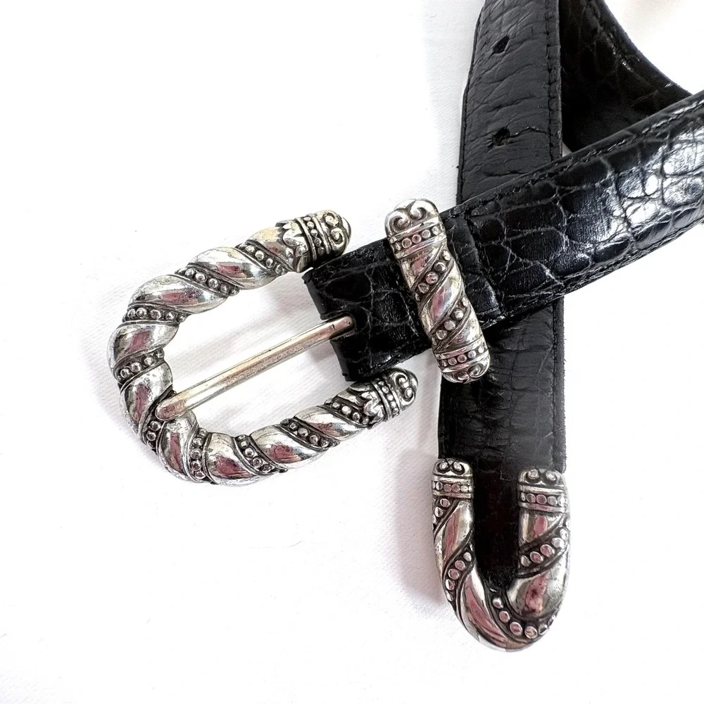 Brighton Belt Black Croc Embossed Leather Silver Western Buckle M 44503 Mob Wife